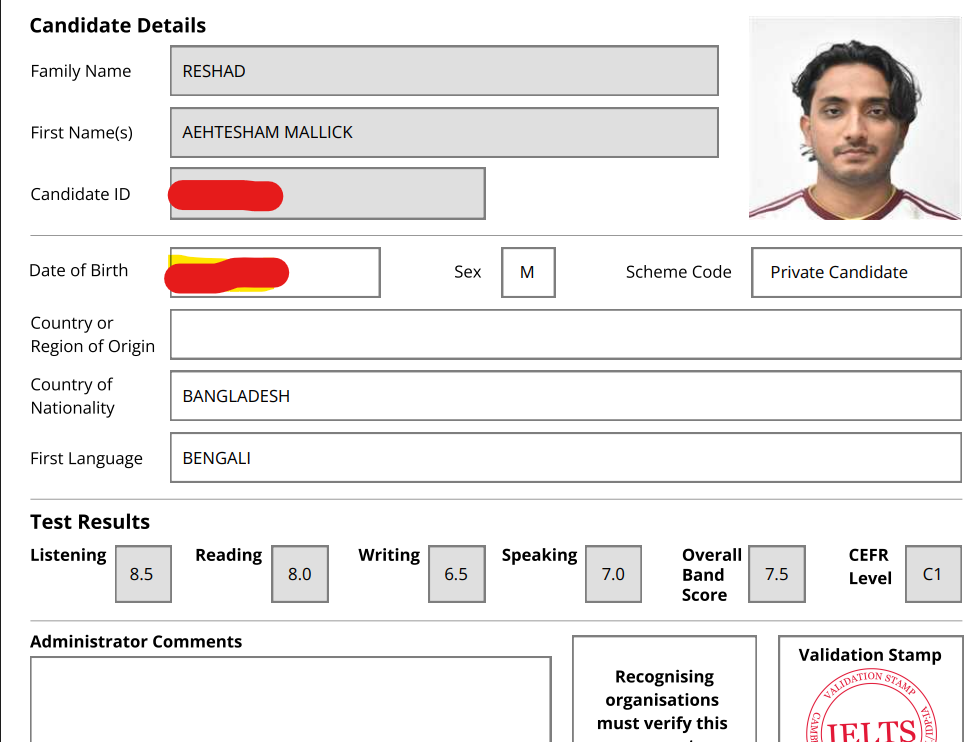 IELTS Test Report Form: overall band 7.5 (CEFR C1) with Listening 8.5, Reading 8.0, Writing 6.5 and Speaking 7.0