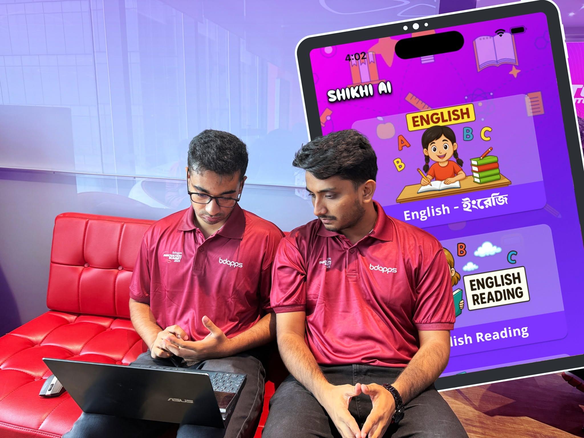 Aehtesham and a teammate working on Shikhi AI on a laptop at the BDApps Innovation Summit 2025